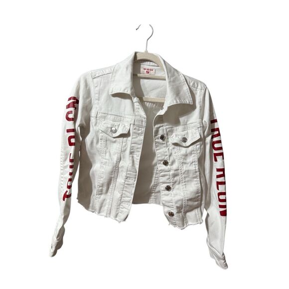 True Religion Fashion trucker with Red Logo on Sleeves Sz XS White Jean Jacket - Picture 1 of 11